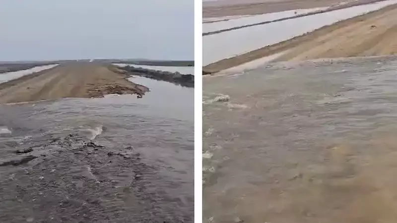 Талой водой затопило дорогу в Актюбинской области