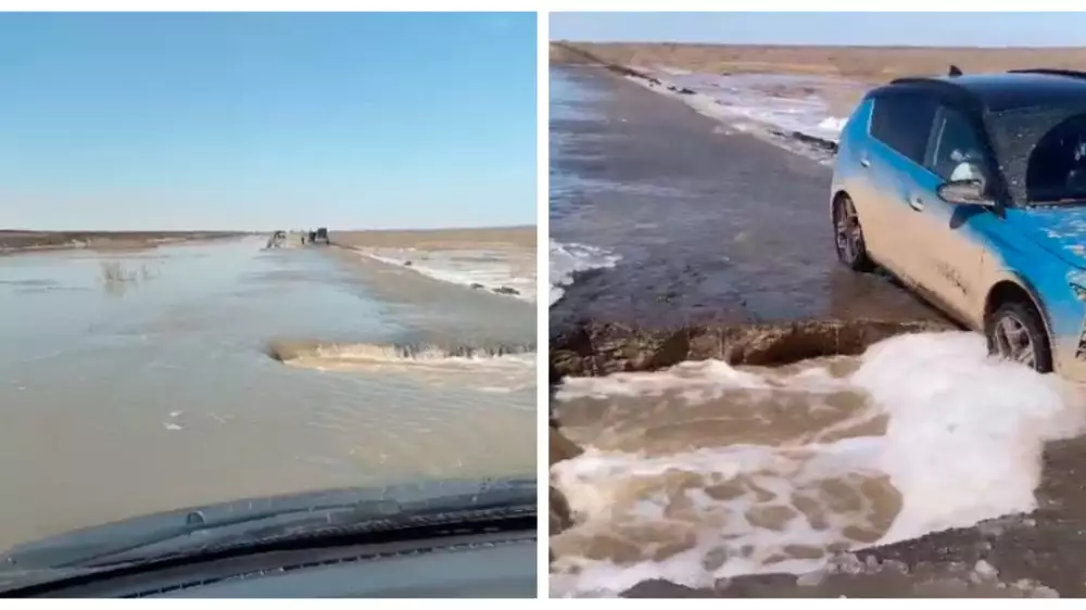 Поток воды шириной в 300 метров затопил автодорогу в Абайской области