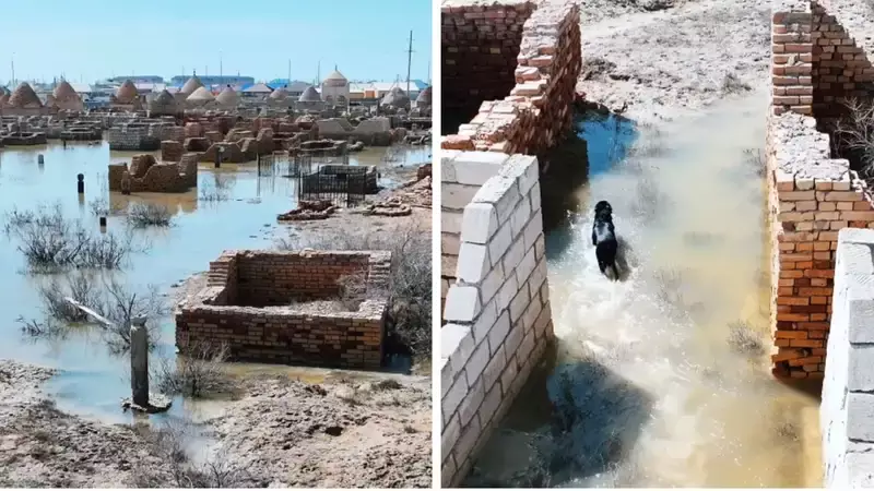 Блогер показал затопленное кладбище в Кульсары