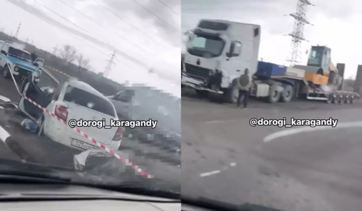 Легковушку разнесло после столкновения с грузовиком в Караганде (ВИДЕО)