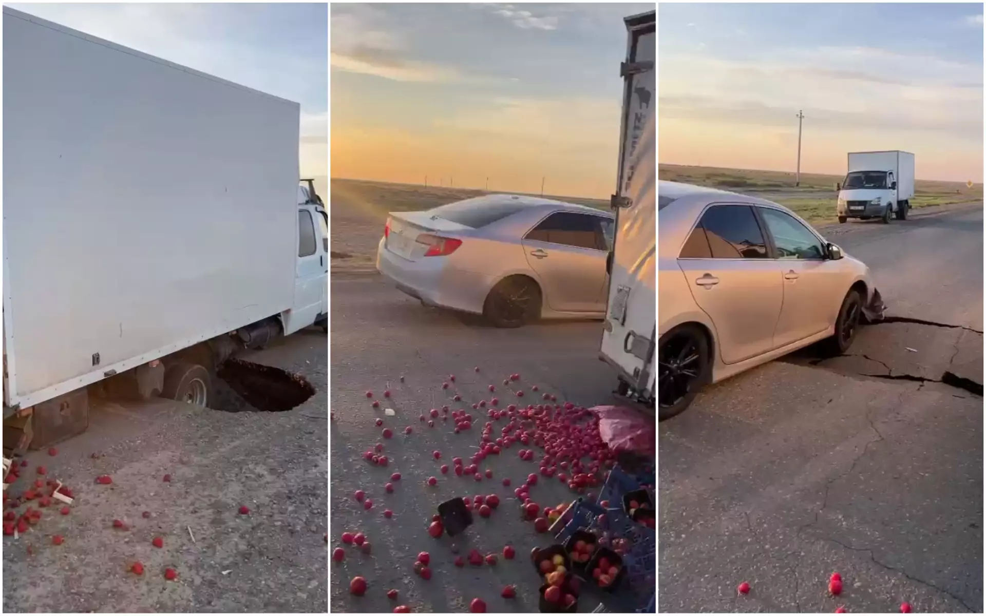 Видео с проваливающимися в яму поперек казахстанской трассы авто распространяют в сети