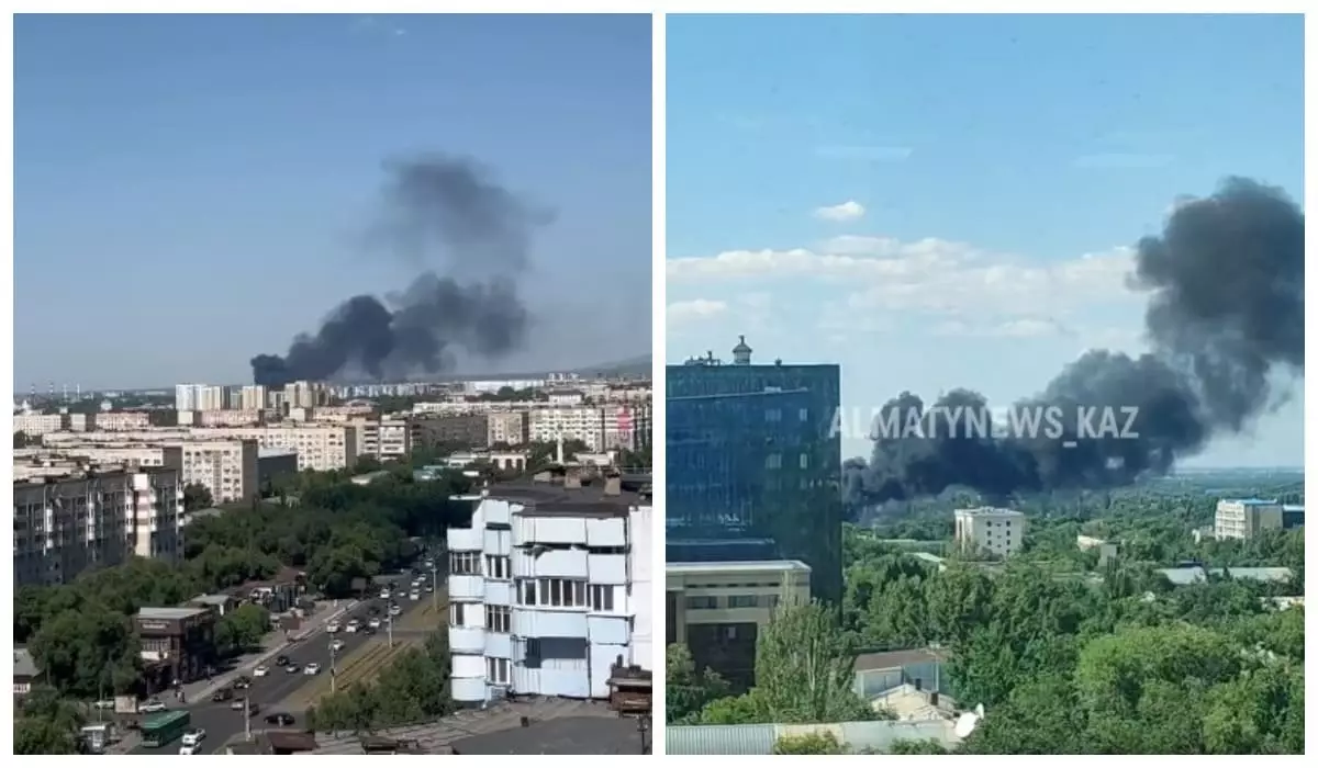 Черные клубы дыма: крупный пожар сняли на видео в Алматы