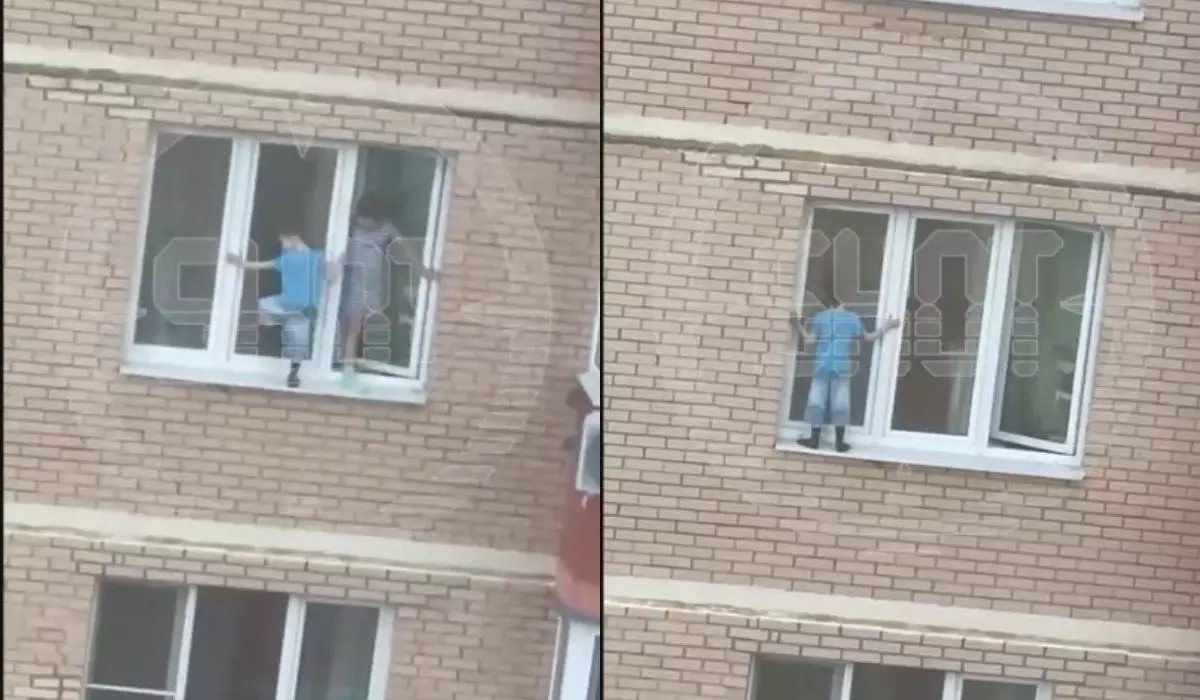 Маленький мальчик устроил прогулку по карнизу окна 11 этажа(ВИДЕО)