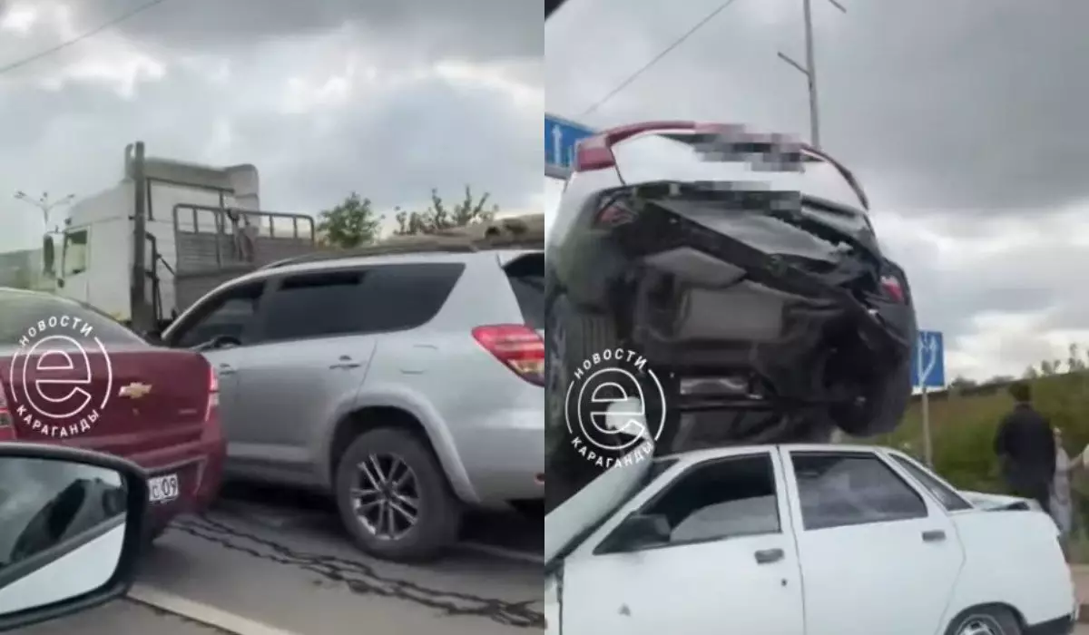 Башня из машин: массовая авария попала на видео в Караганде