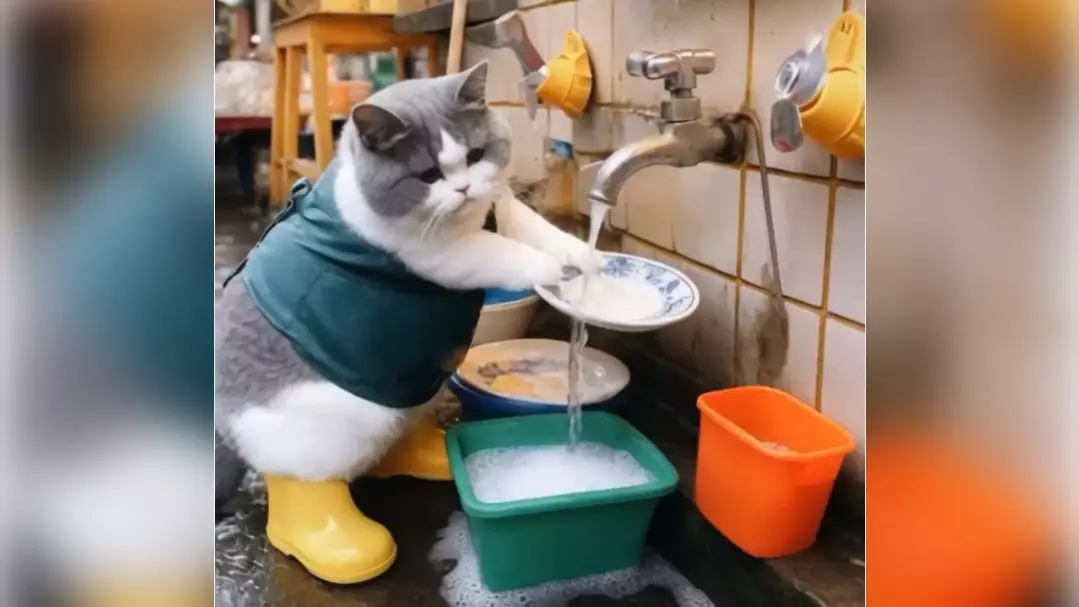 Кота заставили мыть посуду за воровство рыбы