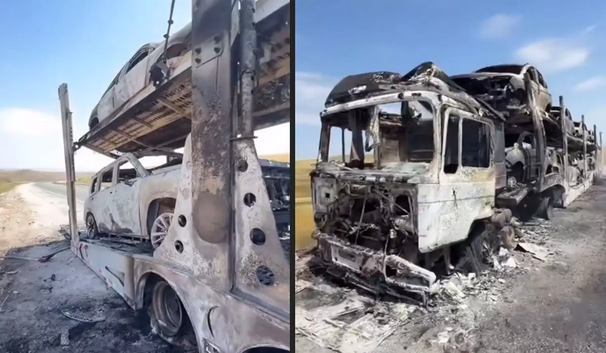 Автовоз с 8 новыми машинами сгорел на трассе в Жамбылской области (ВИДЕО)