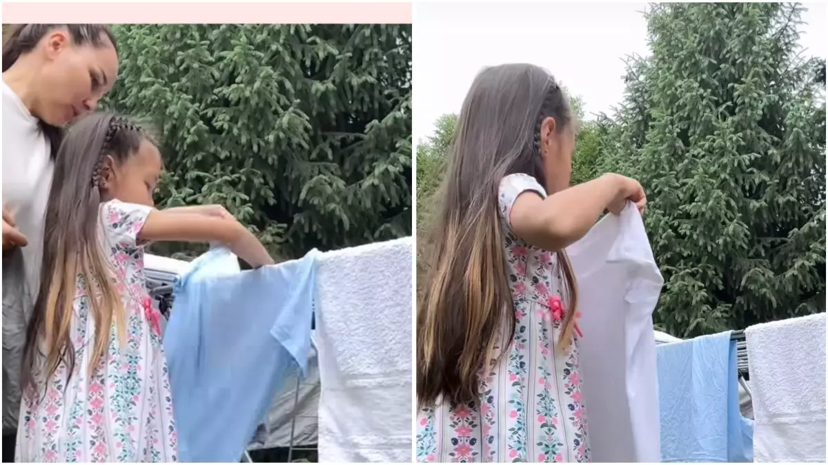 «Үй шаруасын үйренуде»: Анасына көмектескен Жазира Байырбекованың қызы көпшілікті сүйсінтті