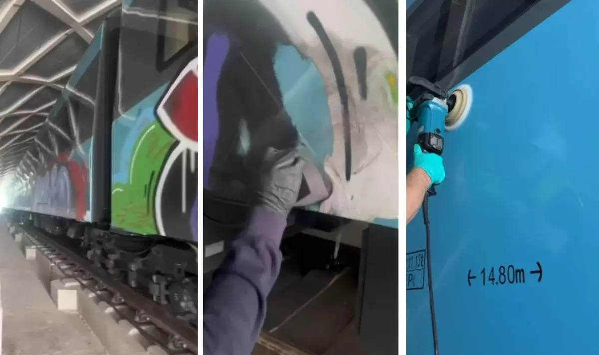 Вандалдар бүлдіріп кеткен LRT вагондарының сырты тазаланып бітті