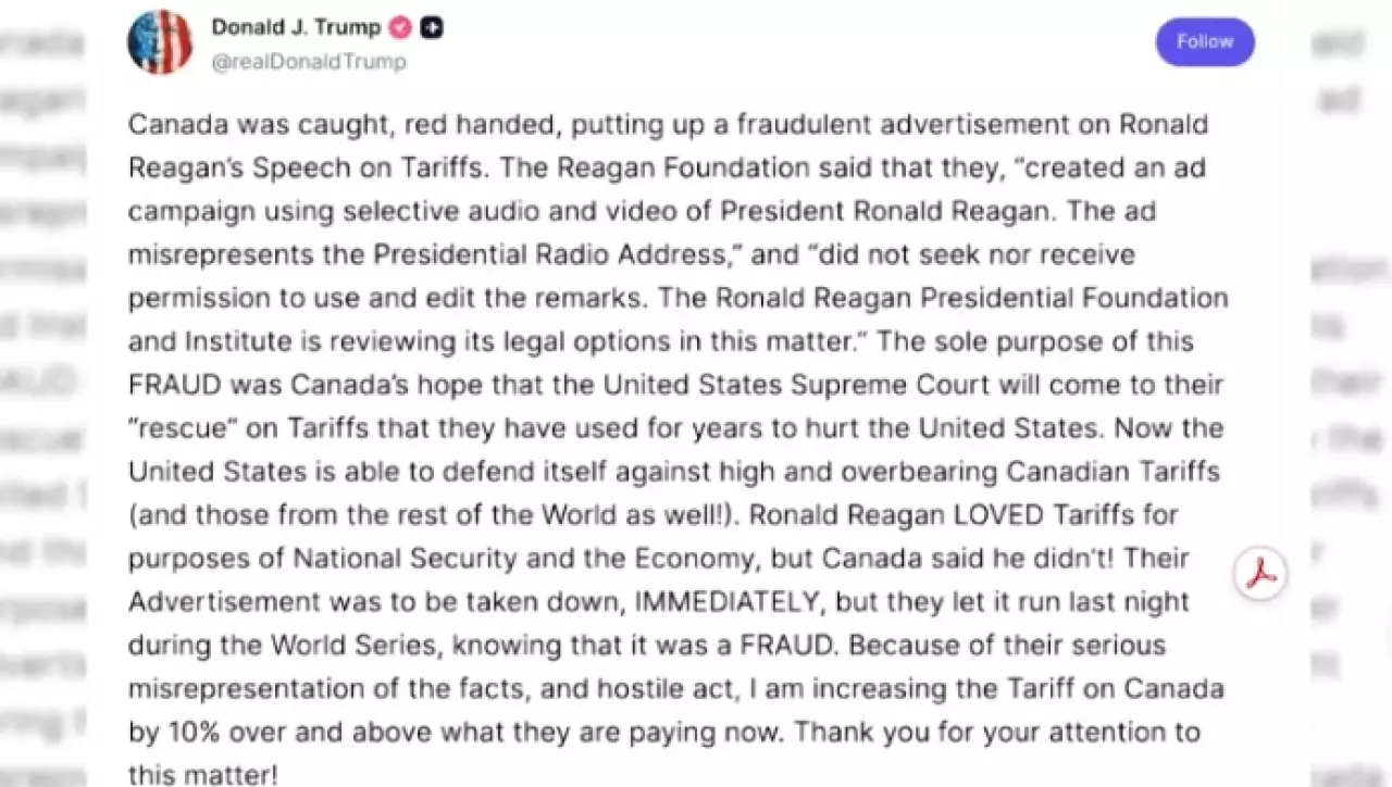 Трамп повысил пошлины для Канады из-за рекламы с Рейганом