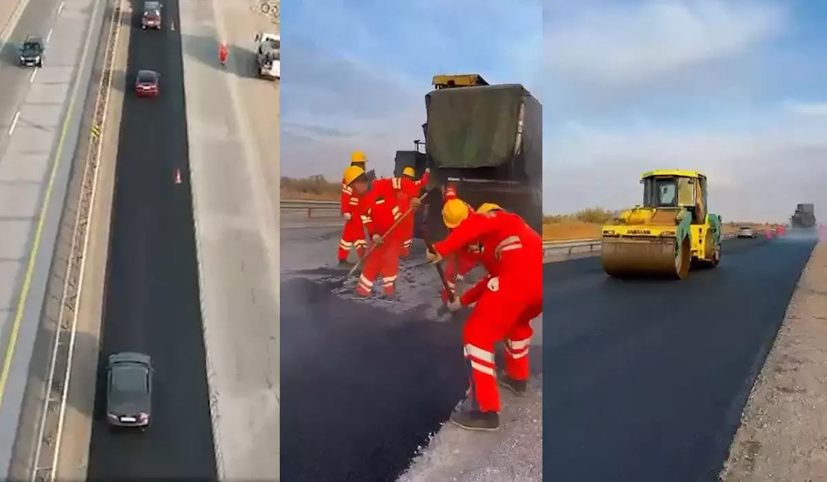 На трассе в Казахстане уложили прочный асфальт толщиной в 1,5 сантиметра (ВИДЕО)