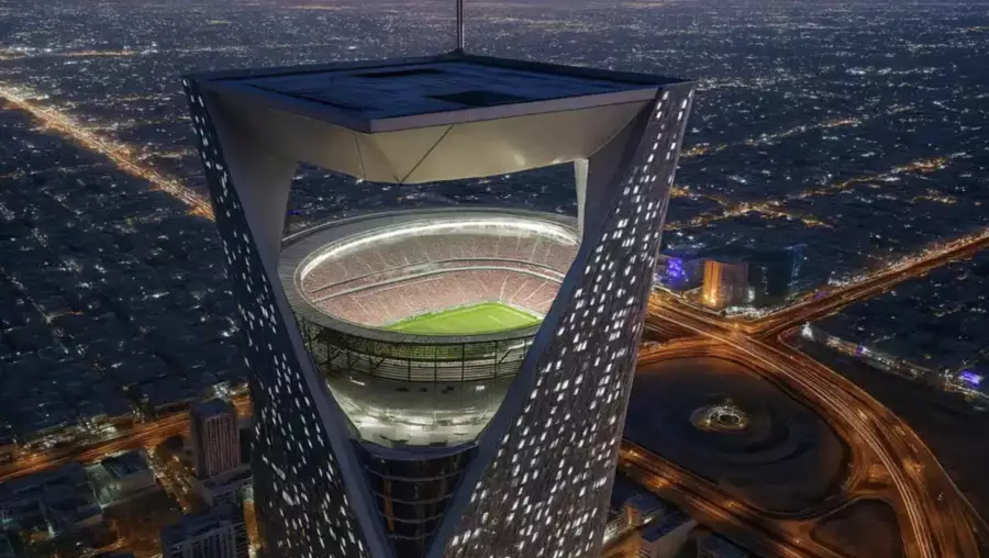 Сауд Арабиясындағы биік ғимараттың ішінде орналасқан стадион туралы видео рас па?