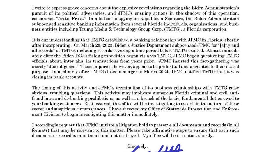 Генпрокурор Флориды расследует JPMorgan Chase в связи с предполагаемым прекращением обслуживания Trump Media.