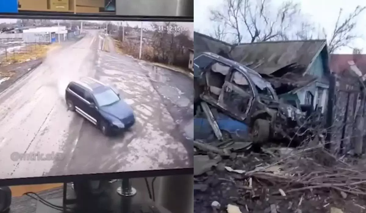 Авто на большой скорости влетело в сарай и заехало на другую машину в СКО (ВИДЕО)