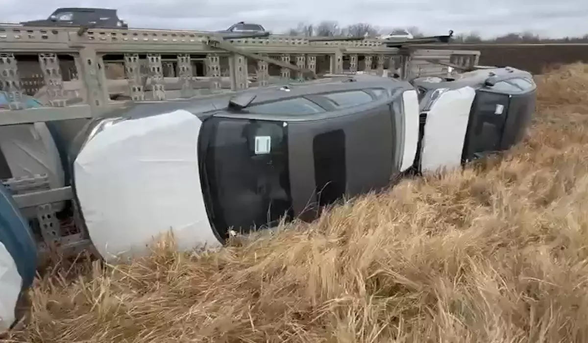 Автовоз с новыми авто опрокинулся в кювет в Акмолинской области (ВИДЕО)
