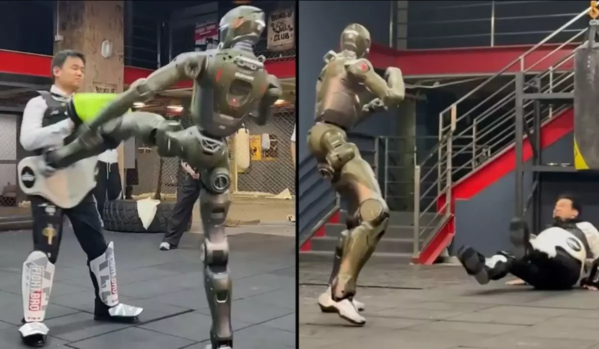 Қытайда робот адаммен жекпе-жекке шығып, ішінен теуіп құлатты