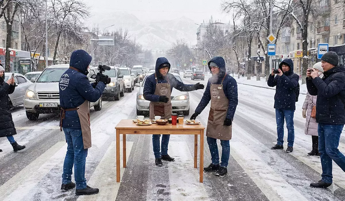 Алматыда жолдың қақ ортасына үстел жайып, жарнама түсіргендер соттан бір-ақ шықты