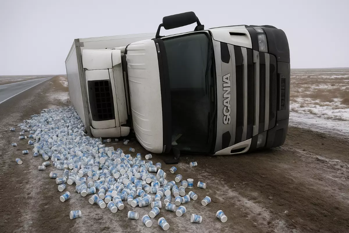 «Берите, пока свежее»: водитель перевернувшегося грузовика в Мангистау раздал йогурты местным жителям