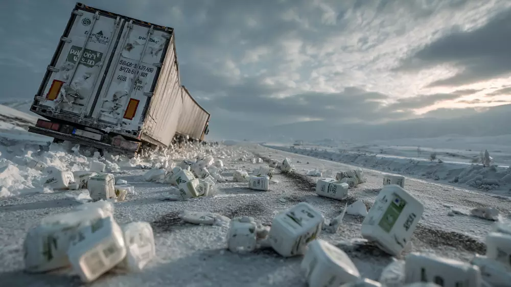 Маңғыстауда йогурт тиелген жүк көлігі аударылып қалған: жүргізуші зақымданған өнімді таратты