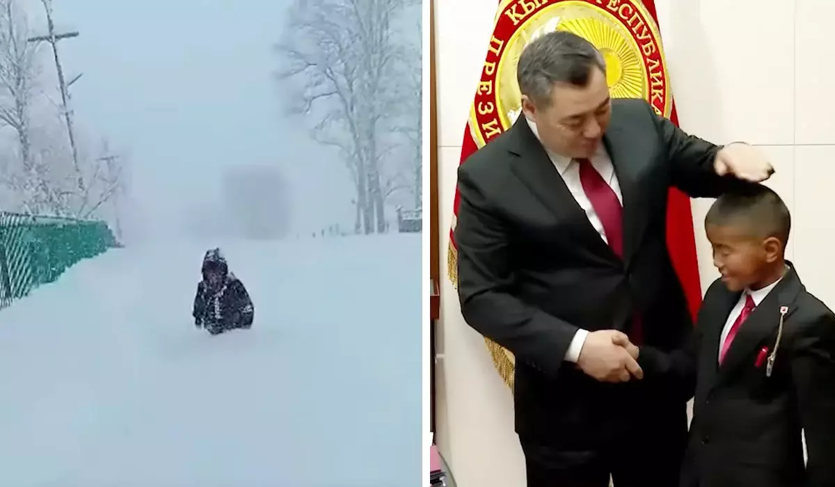 Белуардан қар кешіп, мектепке барған балаға Қырғыз президенті ескі телефонын сыйлады (ВИДЕО)