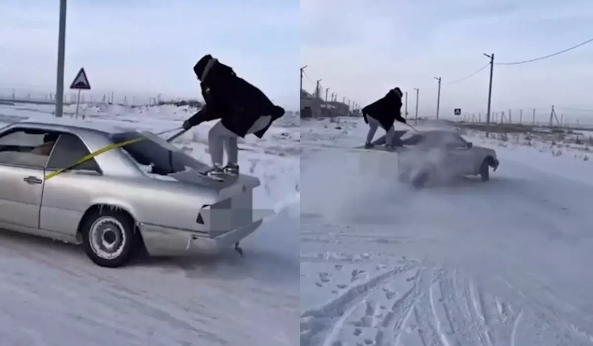 Ақмола облысында көлікті жіп байлап тізгіндеген жүргізуші жұртты шошытты (ВИДЕО)