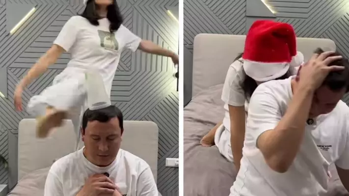 «Аяқ көтергені жарамады»: Бақыт Тұрман күйеуі Қайрат Әділгерейдің басынан теуіп, жұрттың ашуына тиді