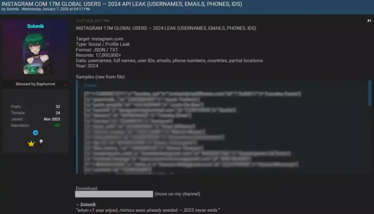 Instagram-ның 17,5 млн қолданушысының дерегі желіге тарап кеткен
