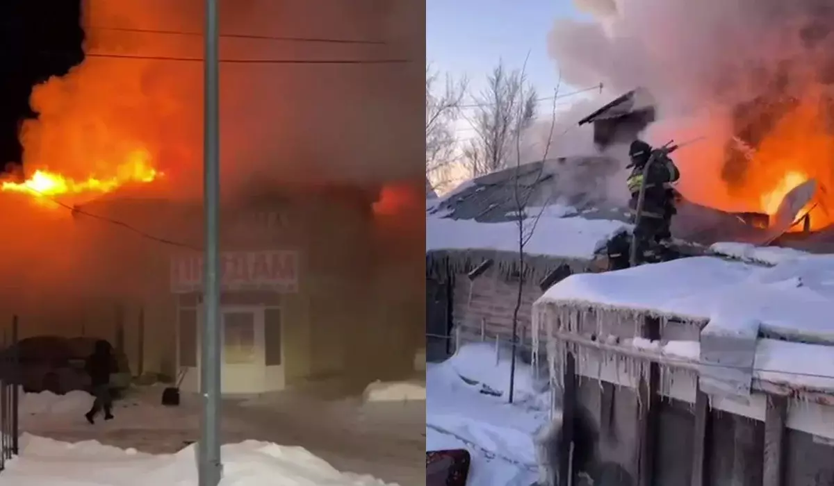 Двухэтажное кафе горит в Костанайской области (ВИДЕО)