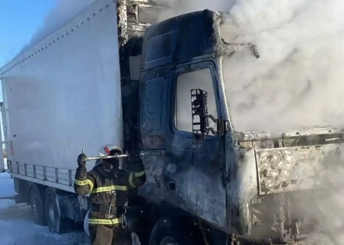 Павлодар облысындағы тас жолда 15 жылқы тиелген жүк көлігі өртенді