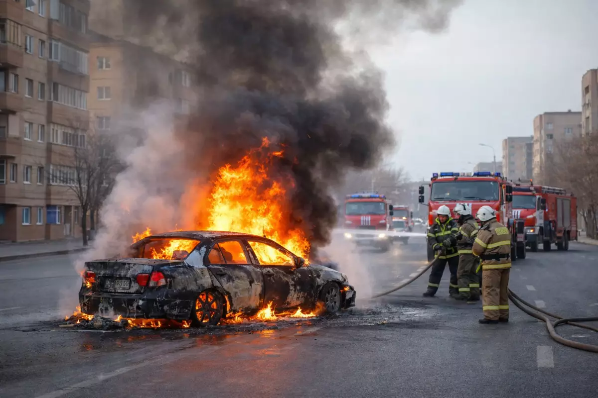 Автомобиль вспыхнул во время движения на улице в Атырау