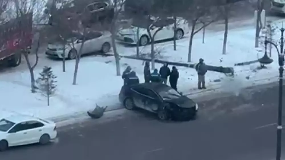 Столб упал на припаркованную машину в Астане