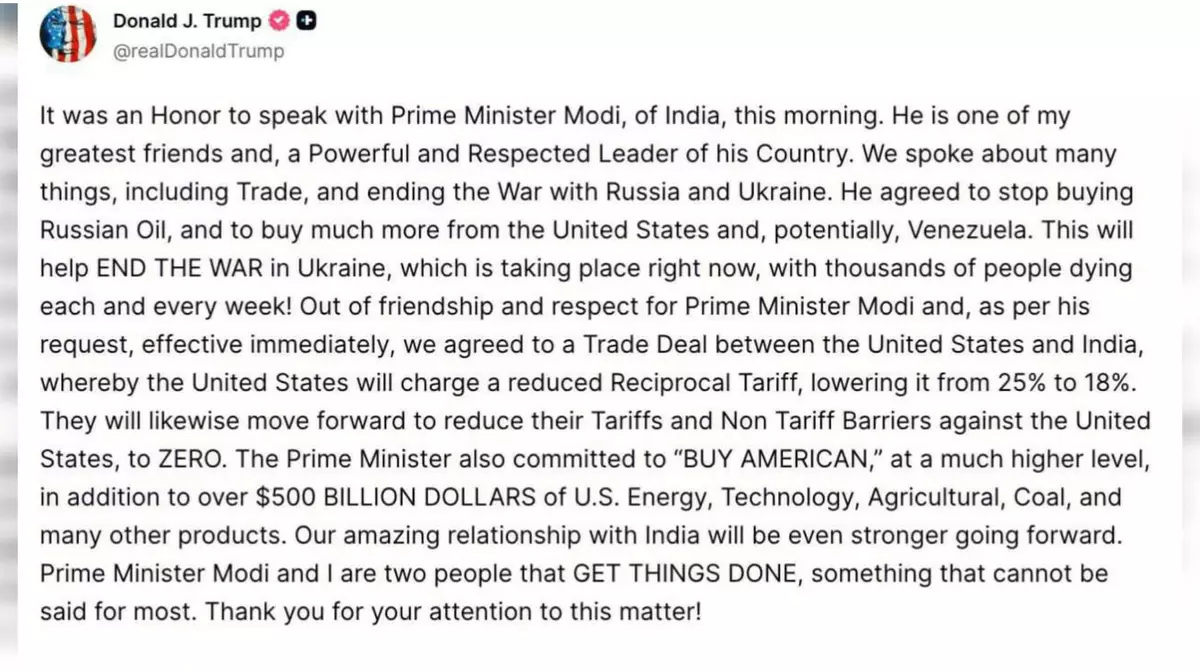 Трамп объявил о торговой сделке с Индией на $500 млрд и отказе Дели от российского топлива