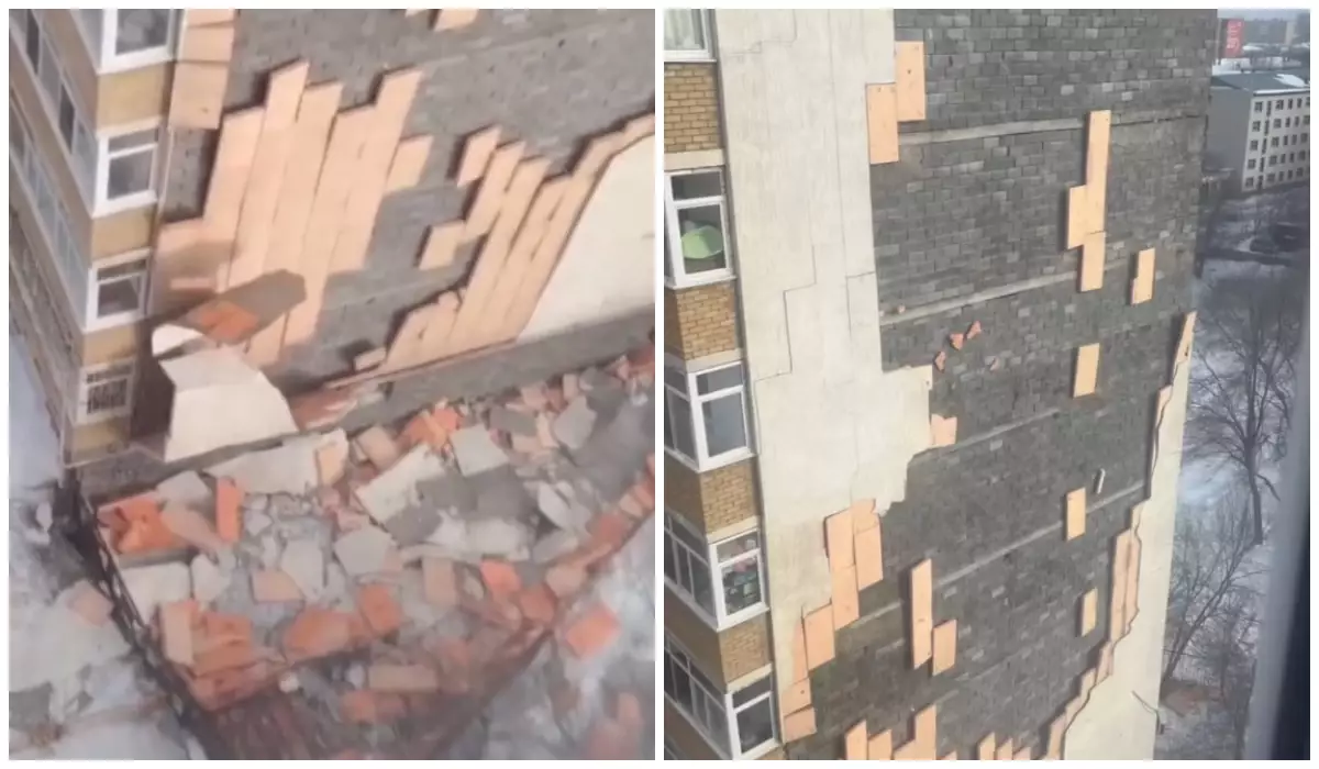 Астанада қатты жел көпқабатты үйдің қасбетін ұшырып әкетті (видео)