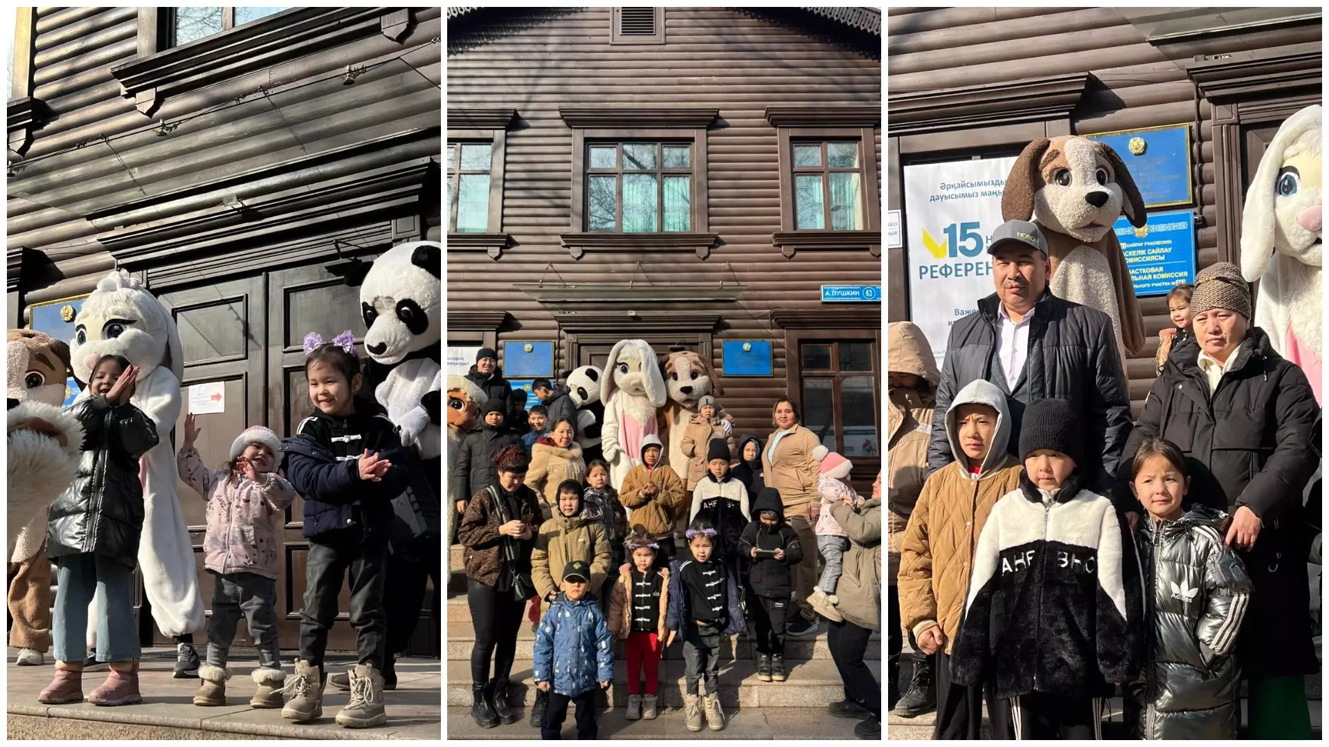 Алматыдағы №361 сайлау учаскесінде отбасыларды қуыршақ театры мен ұзын бойлы қуыршақтар қарсы алды