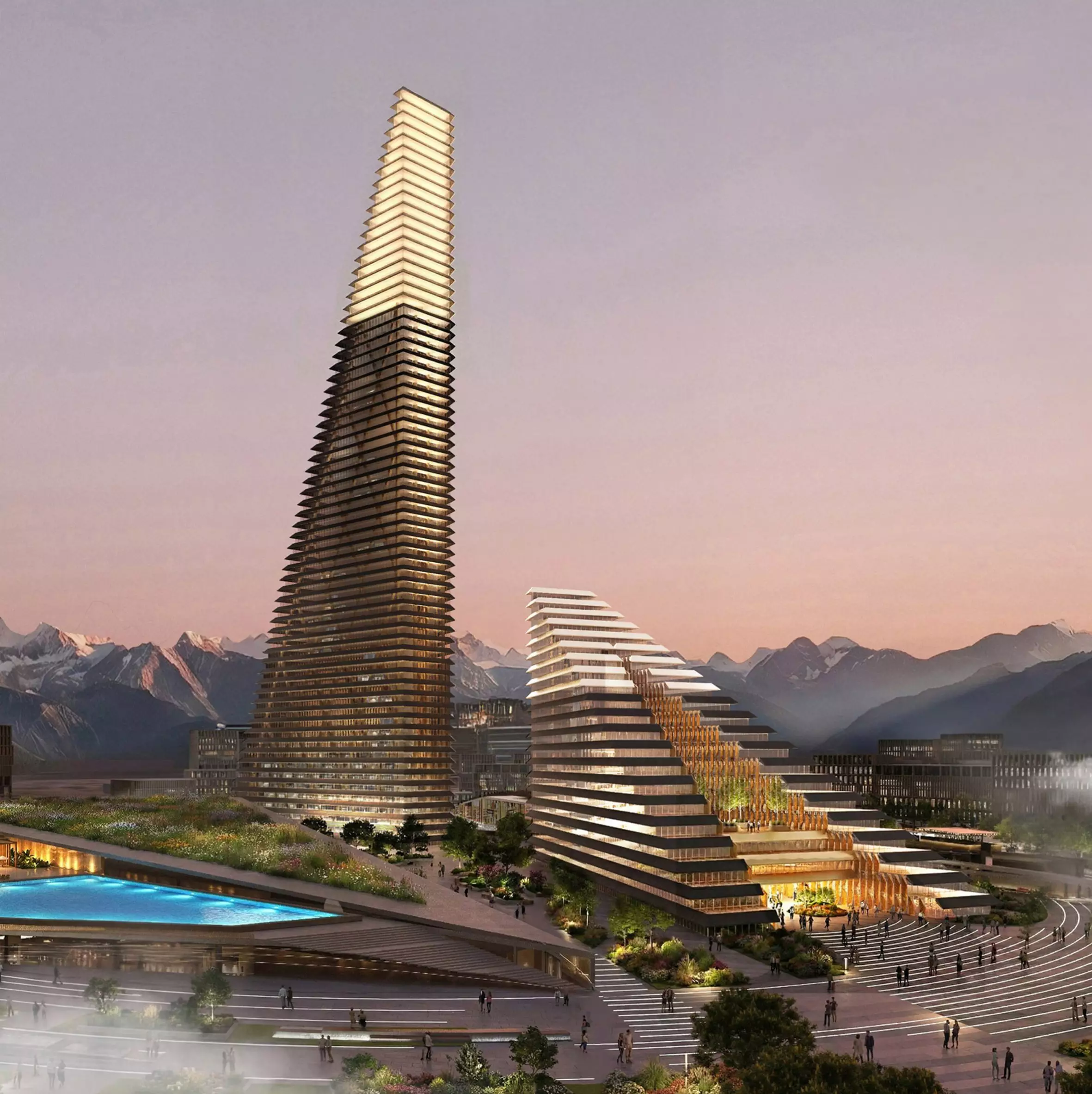 SOM разработала ступенчатые стеклянные башни для нового города в Казахстане.