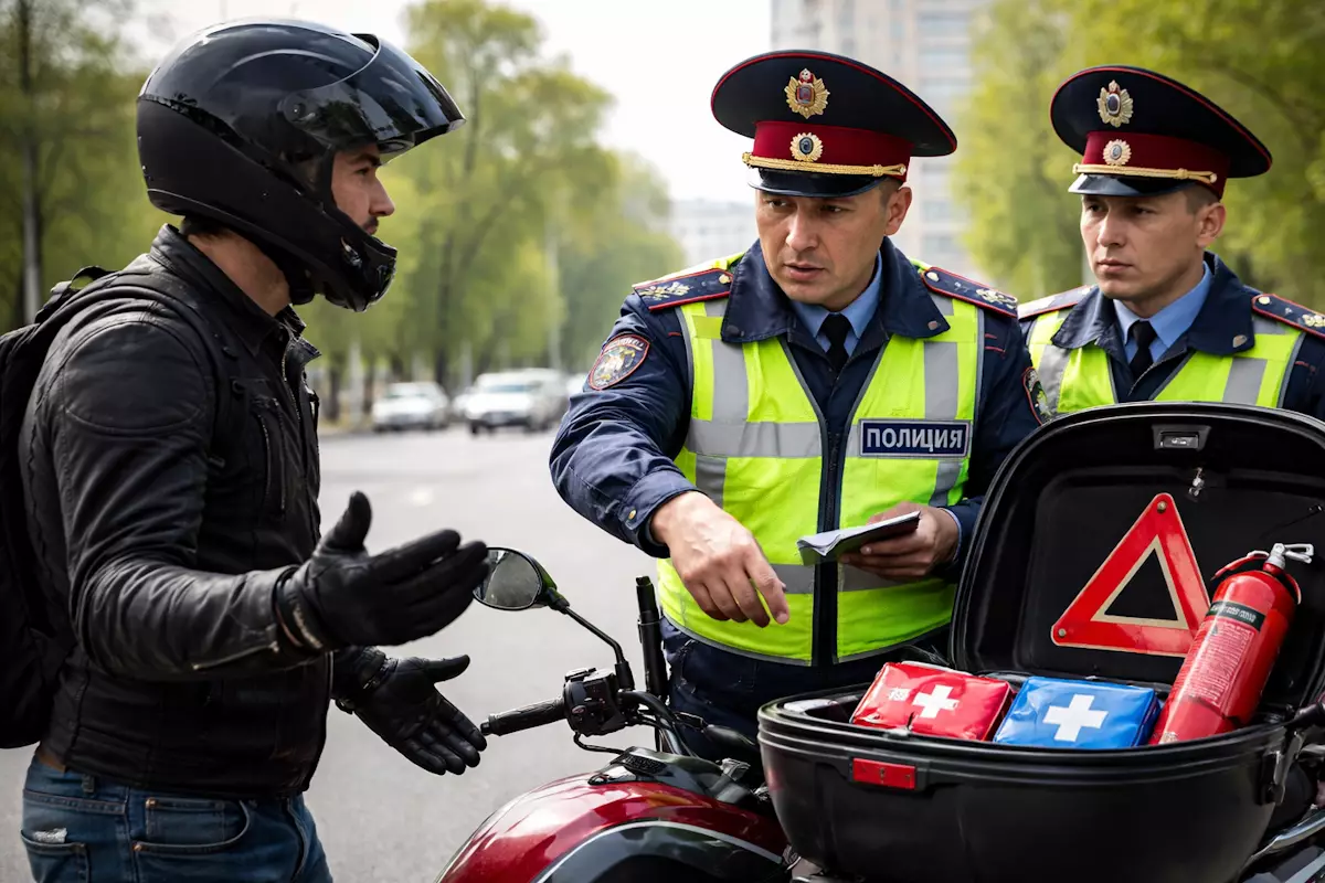 Видео из Алматы возмутило соцсети: у мотоциклиста потребовали аптечку, огнетушитель и аварийный знак