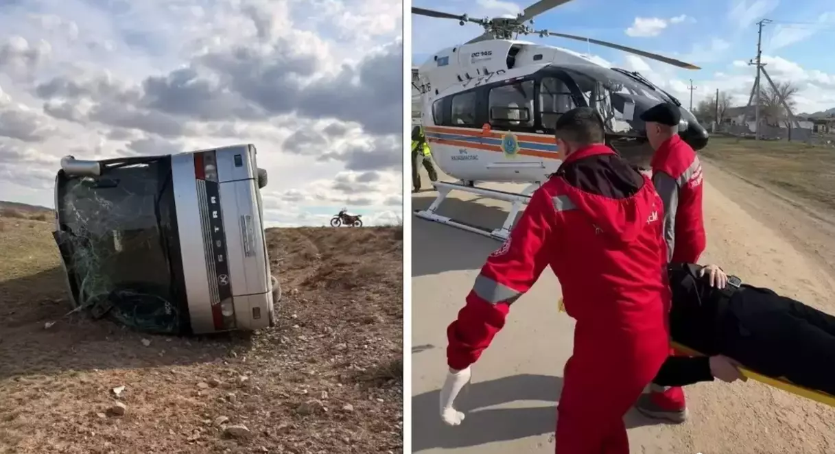 30 адам зардап шекті: Қарағанды облысында вахталық автобус аударылып қалған