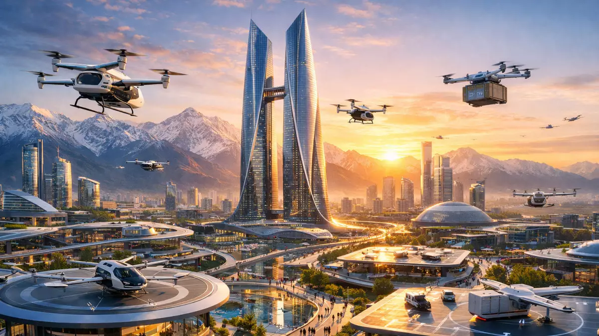 Летающие такси, небоскрёб в 272 метра и вертипорты: каким станет город Алатау