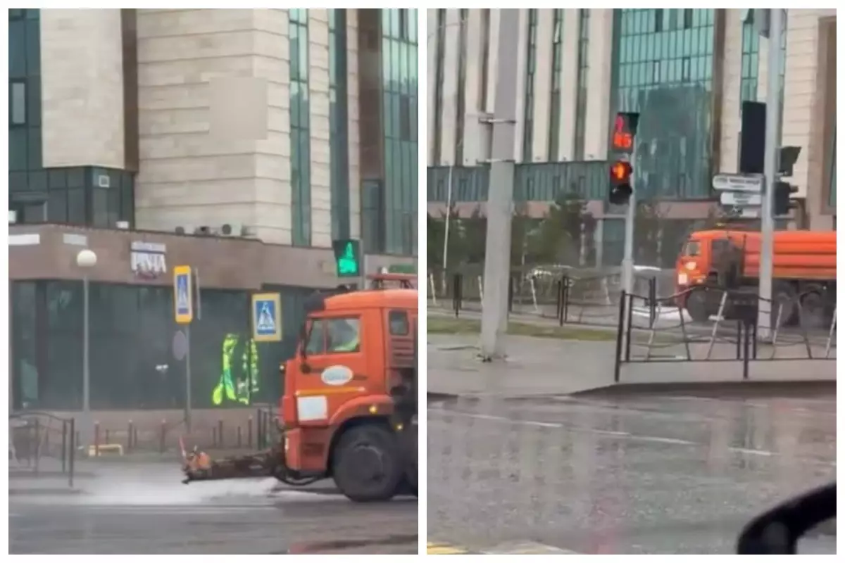 Елордада коммуналдық қызметкерлер жаңбырлы күнде тас жолға су шашып жүр