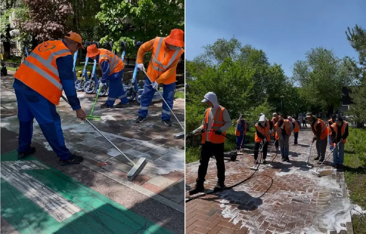 Алматыда тротуарлар арнайы тазартқыш құралдармен жуылып жатыр