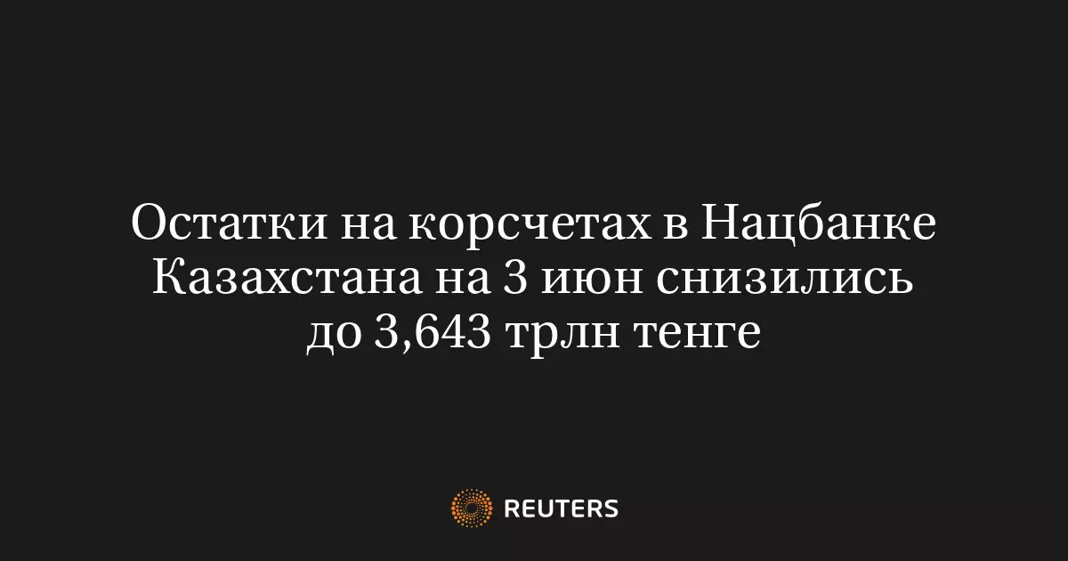 Остатки на корсчетах в Нацбанке Казахстана на 3 июня снизились до 3,643 триллиона тенге.