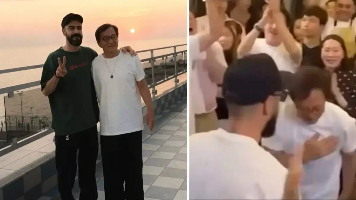  Ақтауда Джеки Чан Miyagi әндерін қосылып айтып, рэперді құшақтады 