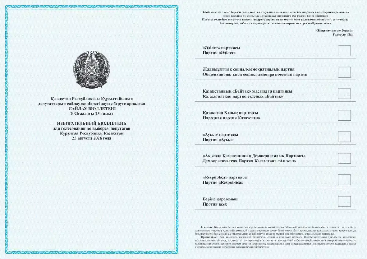 Орталық сайлау комиссиясы Құрылтай сайлауына арналған бюллетеньнің үлгісін көрсетті