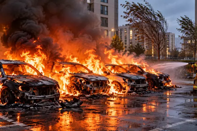 Қатты жел отты лезде таратты: Астанада автотұрақтағы бес көлік өртенді (ВИДЕО)